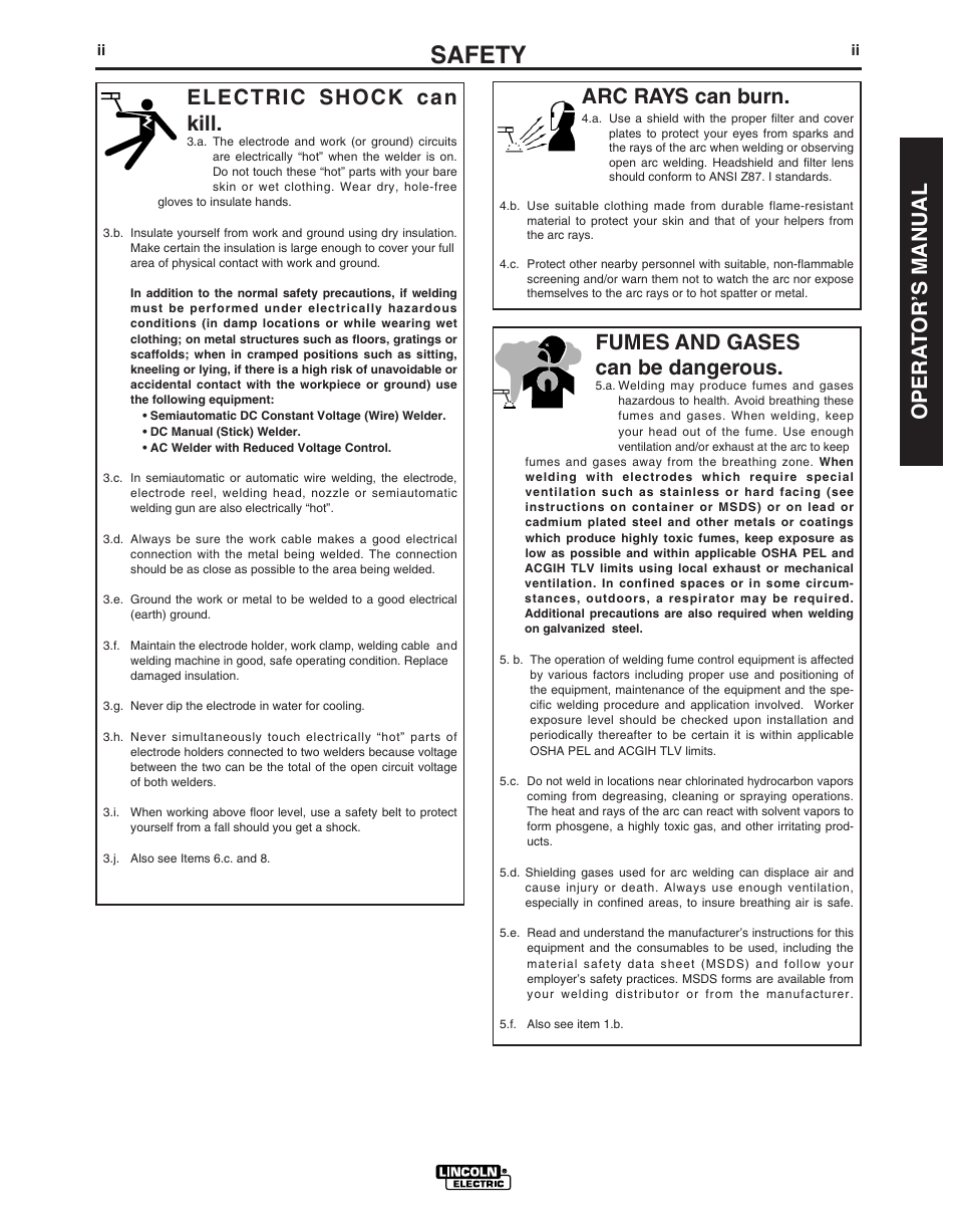 Safety, Opera t or’s manual arc rays can burn, Electric shock can kill | Fumes and gases can be dangerous | Lincoln Electric IMT891 WIRE FEEDER WELDER 125, 140, 180 User Manual | Page 3 / 96