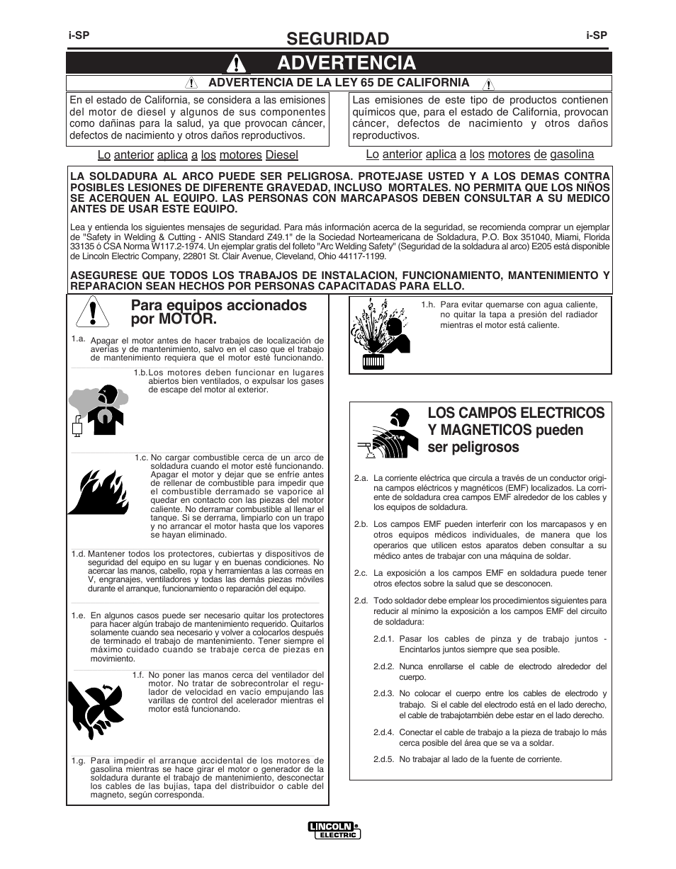 Advertencia, Seguridad, Para equipos accionados por motor | Lincoln Electric IMT891 WIRE FEEDER WELDER 125, 140, 180 User Manual | Page 32 / 96