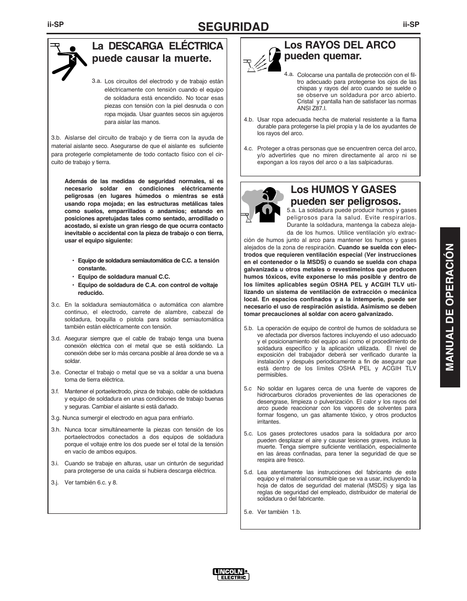 Seguridad, Manual de operación, Los rayos del arco pueden quemar | La descarga eléctrica puede causar la muerte, Los humos y gases pueden ser peligrosos | Lincoln Electric IMT891 WIRE FEEDER WELDER 125, 140, 180 User Manual | Page 33 / 96