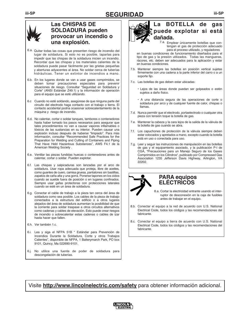 Seguridad, Para equipos eléctricos, La botella de gas puede explotar si está dañada | Lincoln Electric IMT891 WIRE FEEDER WELDER 125, 140, 180 User Manual | Page 34 / 96