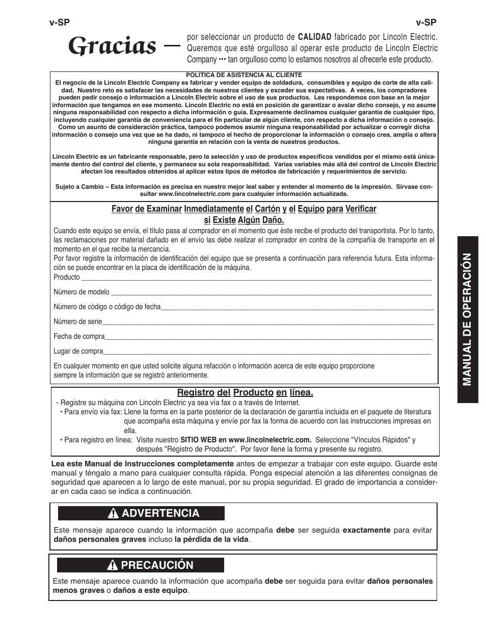 Gracias, Advertencia, Precaución | Manual de operación | Lincoln Electric IMT891 WIRE FEEDER WELDER 125, 140, 180 User Manual | Page 35 / 96