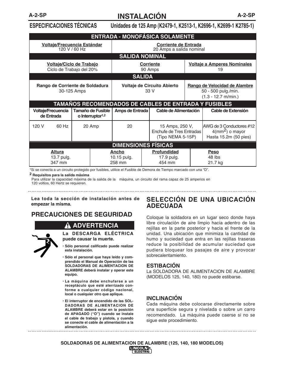 Instalación, Selección de una ubicación adecuada, Precauciones de seguridad | Advertencia | Lincoln Electric IMT891 WIRE FEEDER WELDER 125, 140, 180 User Manual | Page 38 / 96