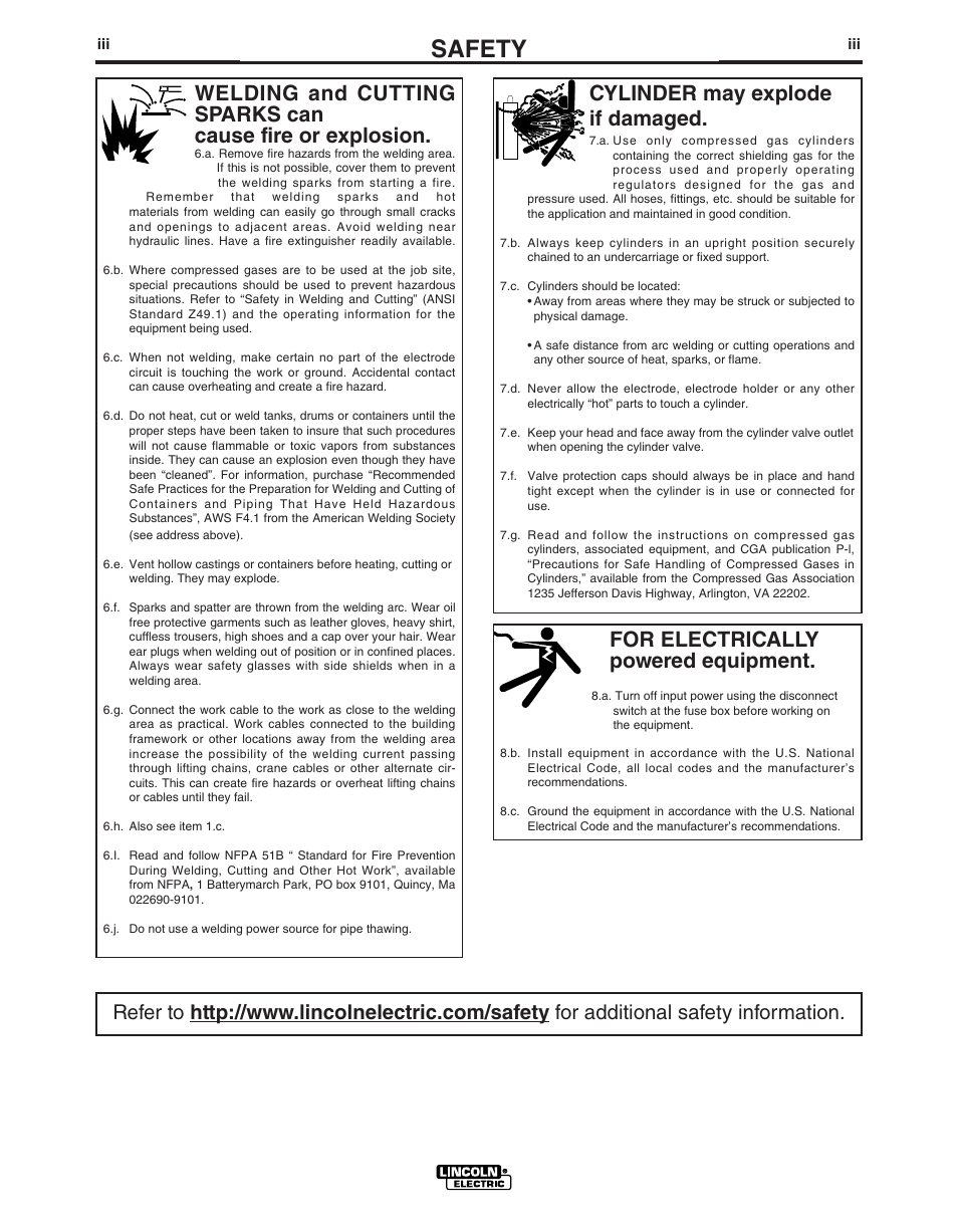 Safety, For electrically powered equipment, Cylinder may explode if damaged | Lincoln Electric IMT891 WIRE FEEDER WELDER 125, 140, 180 User Manual | Page 4 / 96