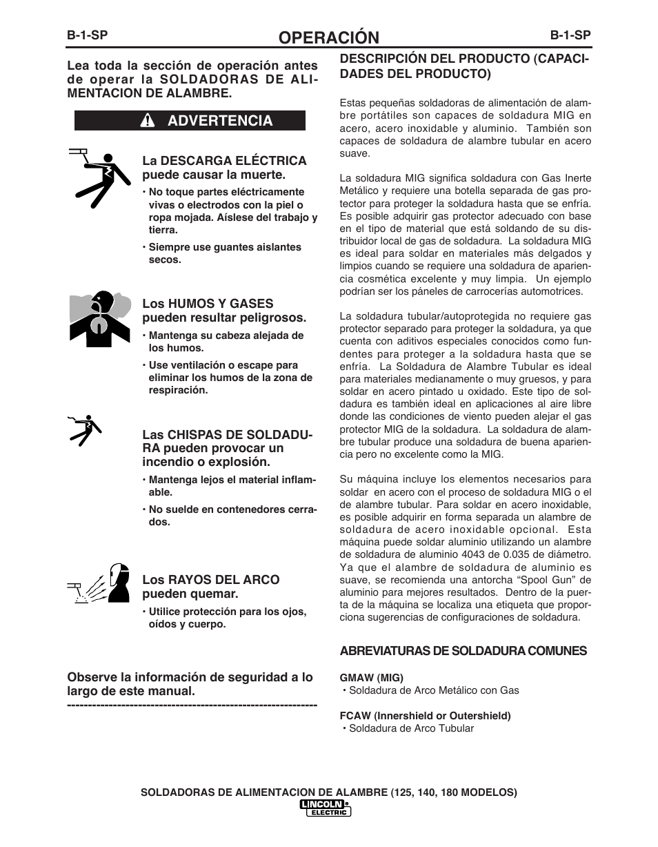 Operación, Advertencia | Lincoln Electric IMT891 WIRE FEEDER WELDER 125, 140, 180 User Manual | Page 40 / 96