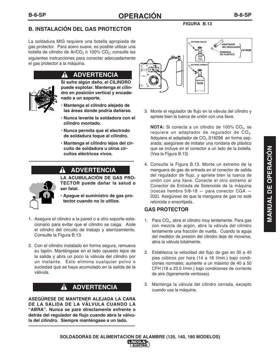 Operación, Advertencia, Manual de operación | B-8-sp, B. instalación del gas protector, Gas protector | Lincoln Electric IMT891 WIRE FEEDER WELDER 125, 140, 180 User Manual | Page 47 / 96