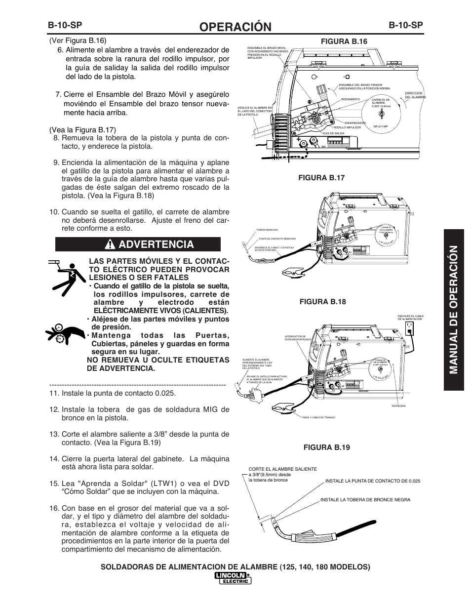 Operación, Advertencia manual de operación, B-10-sp | Lincoln Electric IMT891 WIRE FEEDER WELDER 125, 140, 180 User Manual | Page 49 / 96