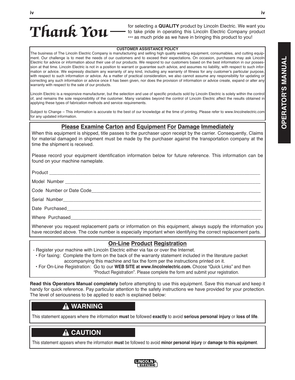 Warning, Caution, Opera t or’s manual | Lincoln Electric IMT891 WIRE FEEDER WELDER 125, 140, 180 User Manual | Page 5 / 96