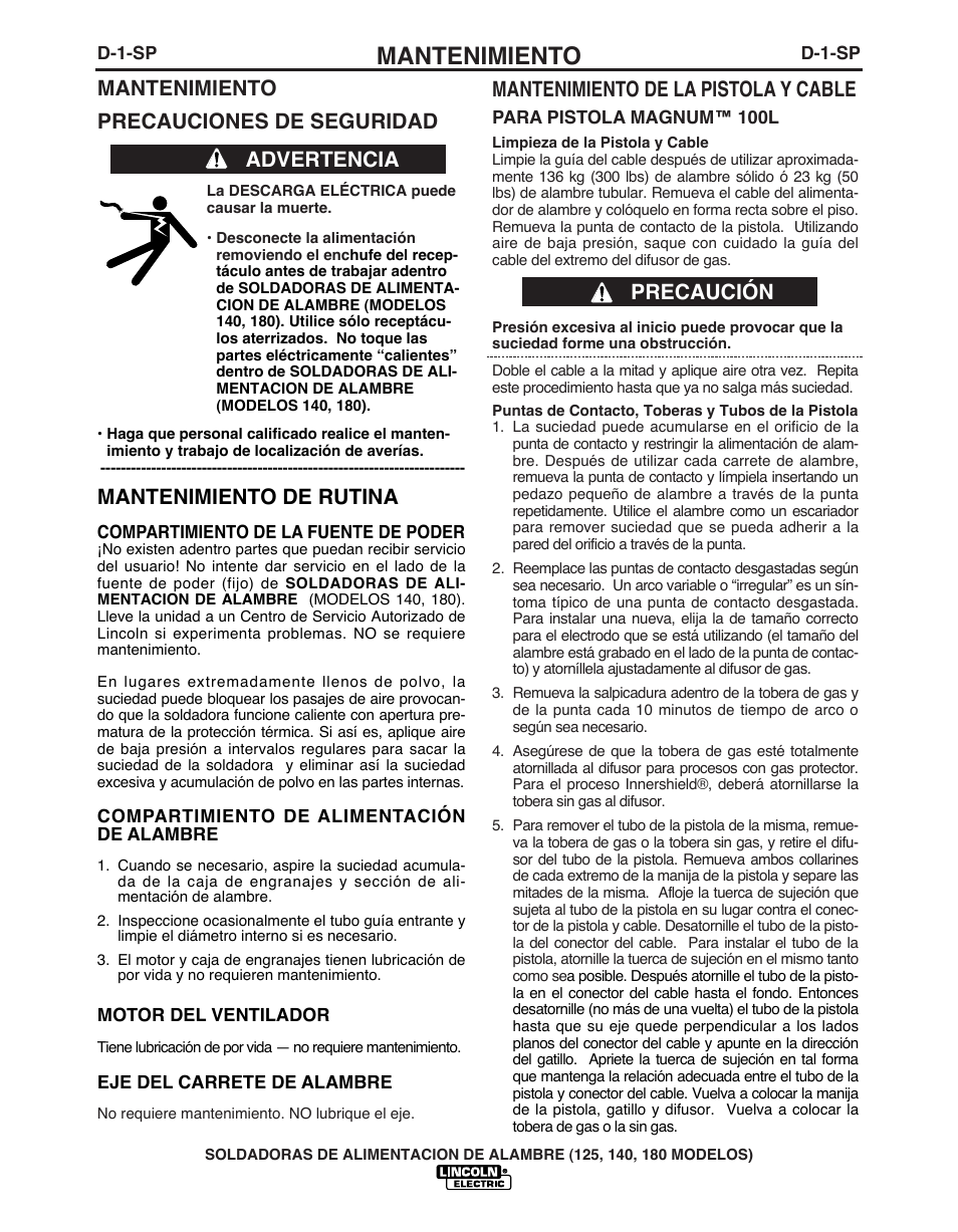 Mantenimiento, Mantenimiento precauciones de seguridad, Mantenimiento de rutina | Advertencia mantenimiento de la pistola y cable, Precaución | Lincoln Electric IMT891 WIRE FEEDER WELDER 125, 140, 180 User Manual | Page 54 / 96