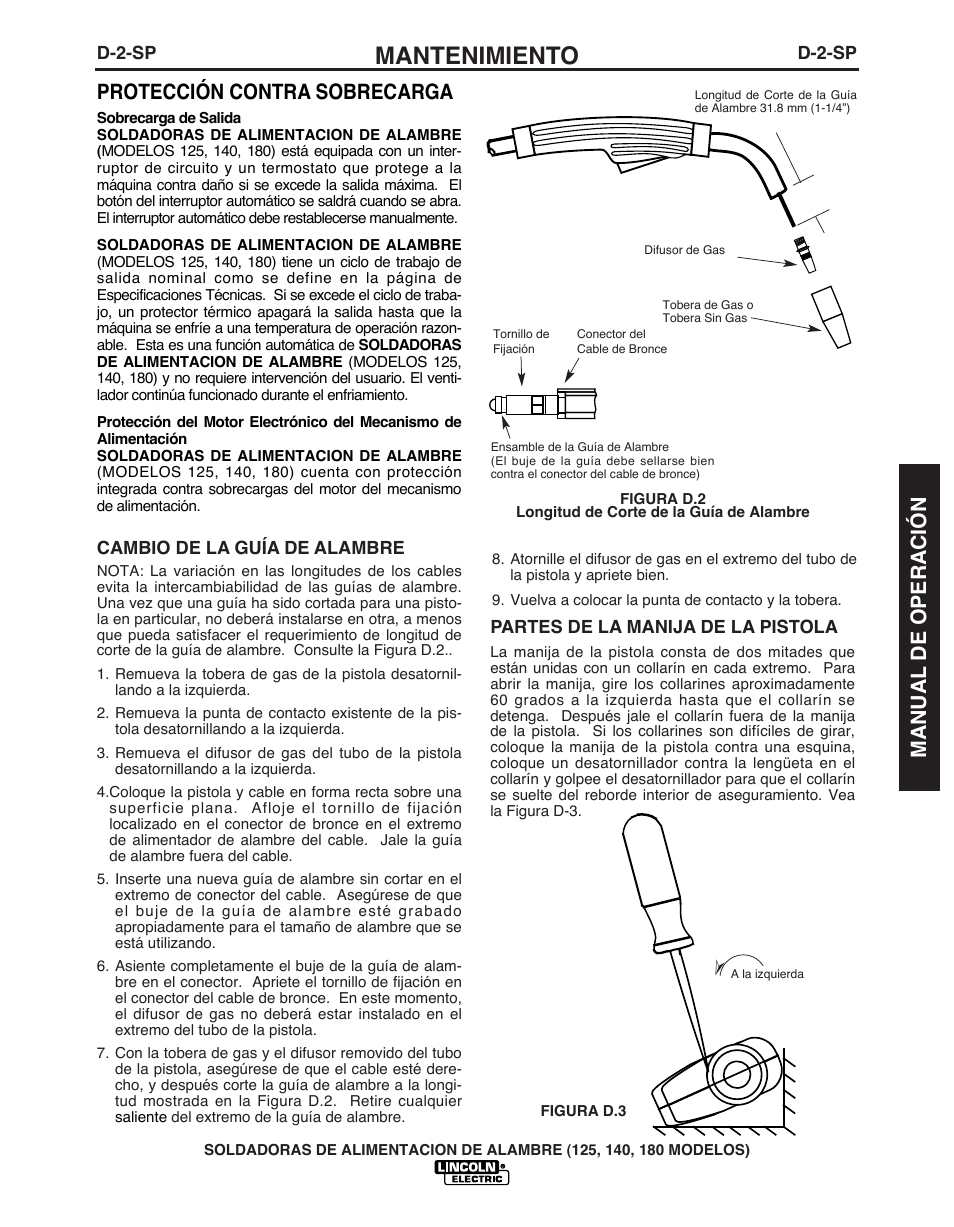 Mantenimiento, Protección contra sobrecarga, Manual de operación | Lincoln Electric IMT891 WIRE FEEDER WELDER 125, 140, 180 User Manual | Page 55 / 96