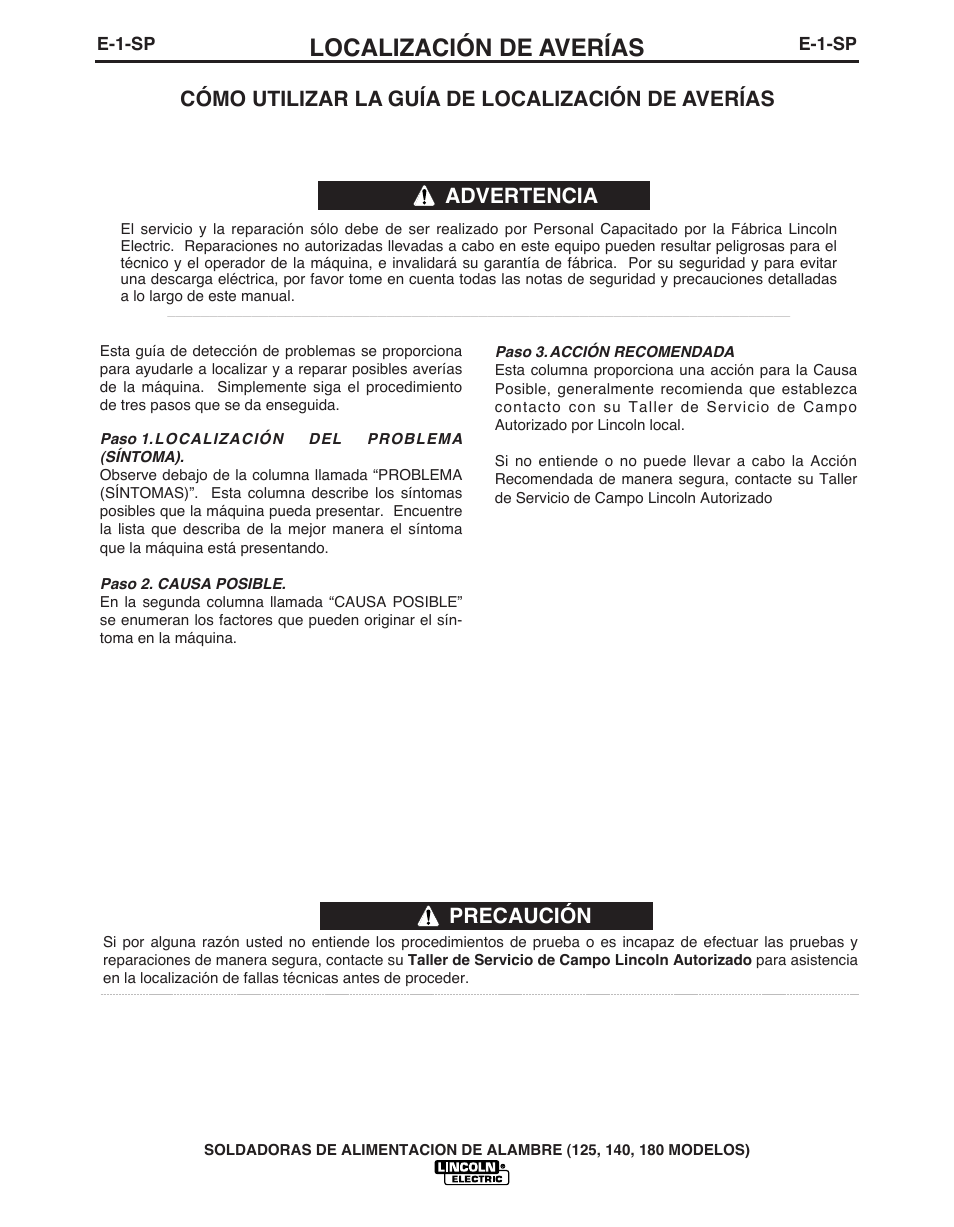 Localización de averías, Precaución, Cómo utilizar la guía de localización de averías | Advertencia | Lincoln Electric IMT891 WIRE FEEDER WELDER 125, 140, 180 User Manual | Page 56 / 96