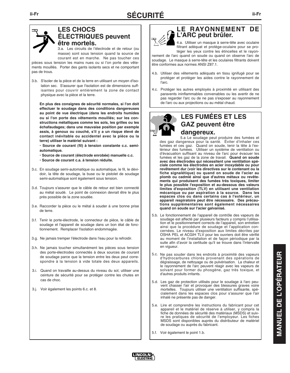 Sécurité, Le rayonnement de l'arc peut brûler, Les chocs électriques peuvent être mortels | Les fumées et les gaz peuvent être dangereux, Manuel de l ’opéra teur | Lincoln Electric IMT891 WIRE FEEDER WELDER 125, 140, 180 User Manual | Page 63 / 96