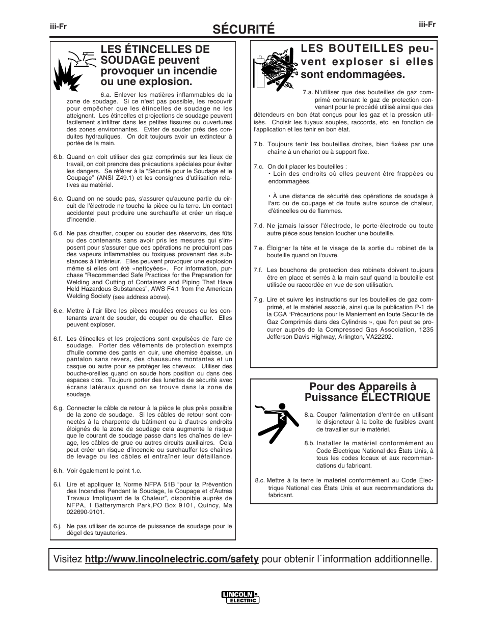 Sécurité, Pour des appareils à puissance électrique | Lincoln Electric IMT891 WIRE FEEDER WELDER 125, 140, 180 User Manual | Page 64 / 96