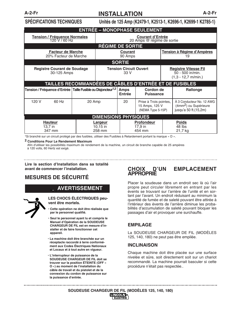 Installation, Choix d’un emplacement approprié, Mesures de sécurité | Avertissement | Lincoln Electric IMT891 WIRE FEEDER WELDER 125, 140, 180 User Manual | Page 68 / 96