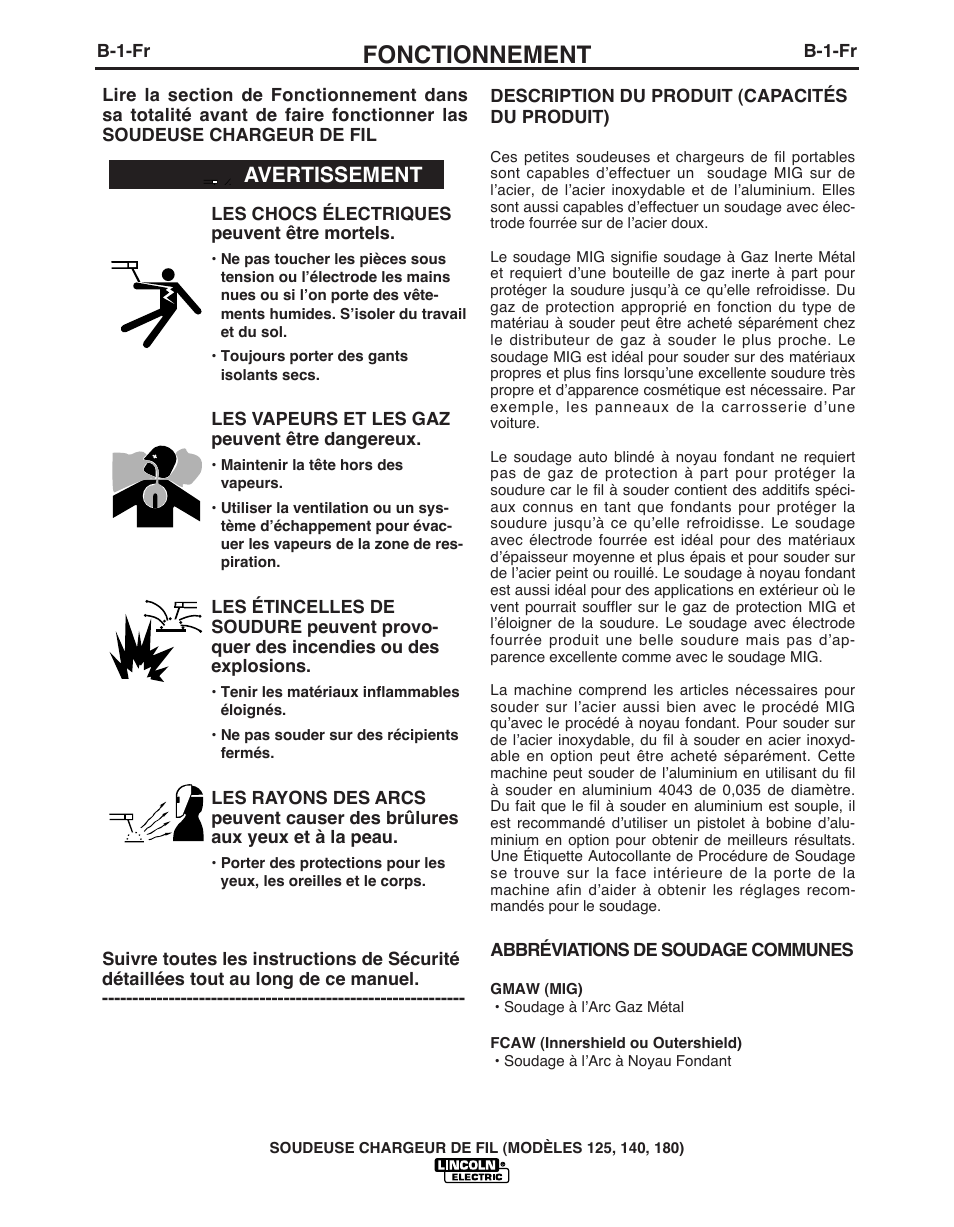 Fonctionnement, Avertissement | Lincoln Electric IMT891 WIRE FEEDER WELDER 125, 140, 180 User Manual | Page 70 / 96