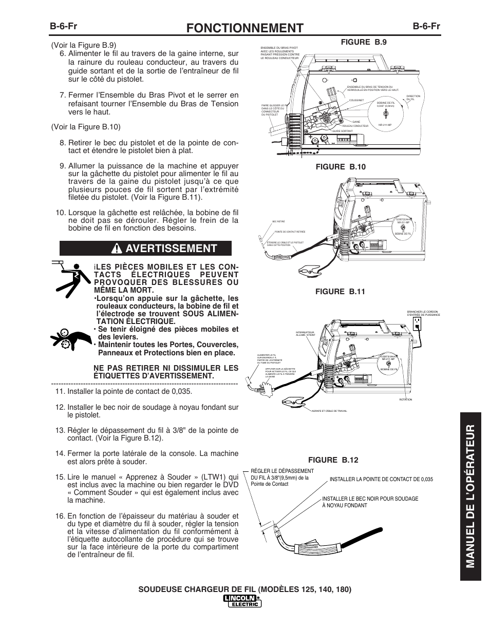 Fonctionnement, Avertissement, Manuel de l ’opéra teur | B-6-fr, Figure b.10 figure b.11, Figure b.9 figure b.12 | Lincoln Electric IMT891 WIRE FEEDER WELDER 125, 140, 180 User Manual | Page 75 / 96