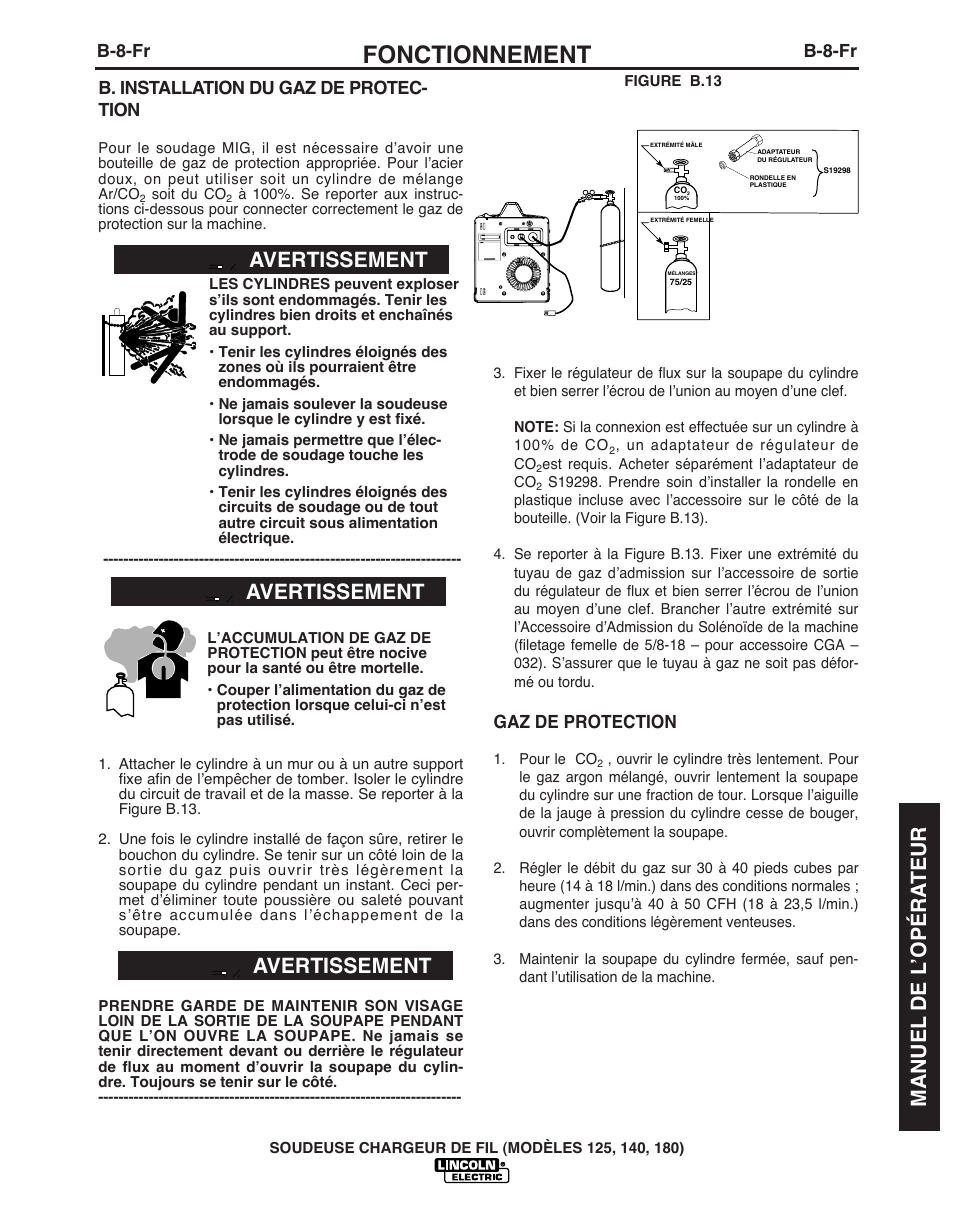 Fonctionnement, Avertissement, Manuel de l ’opéra teur | B-8-fr, B. installation du gaz de protec- tion, Gaz de protection | Lincoln Electric IMT891 WIRE FEEDER WELDER 125, 140, 180 User Manual | Page 77 / 96