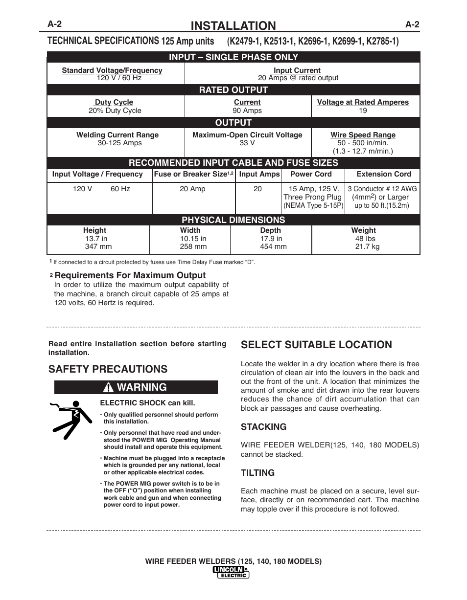 Installation, Select suitable location, Safety precautions | Warning | Lincoln Electric IMT891 WIRE FEEDER WELDER 125, 140, 180 User Manual | Page 8 / 96