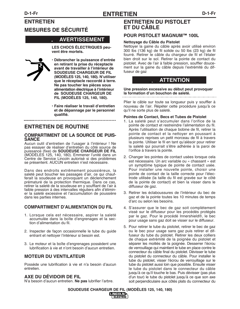 Entretien, Entretien mesures de sécurité, Entretien de routine | Avertissement entretien du pistolet et du câble, Attention | Lincoln Electric IMT891 WIRE FEEDER WELDER 125, 140, 180 User Manual | Page 84 / 96