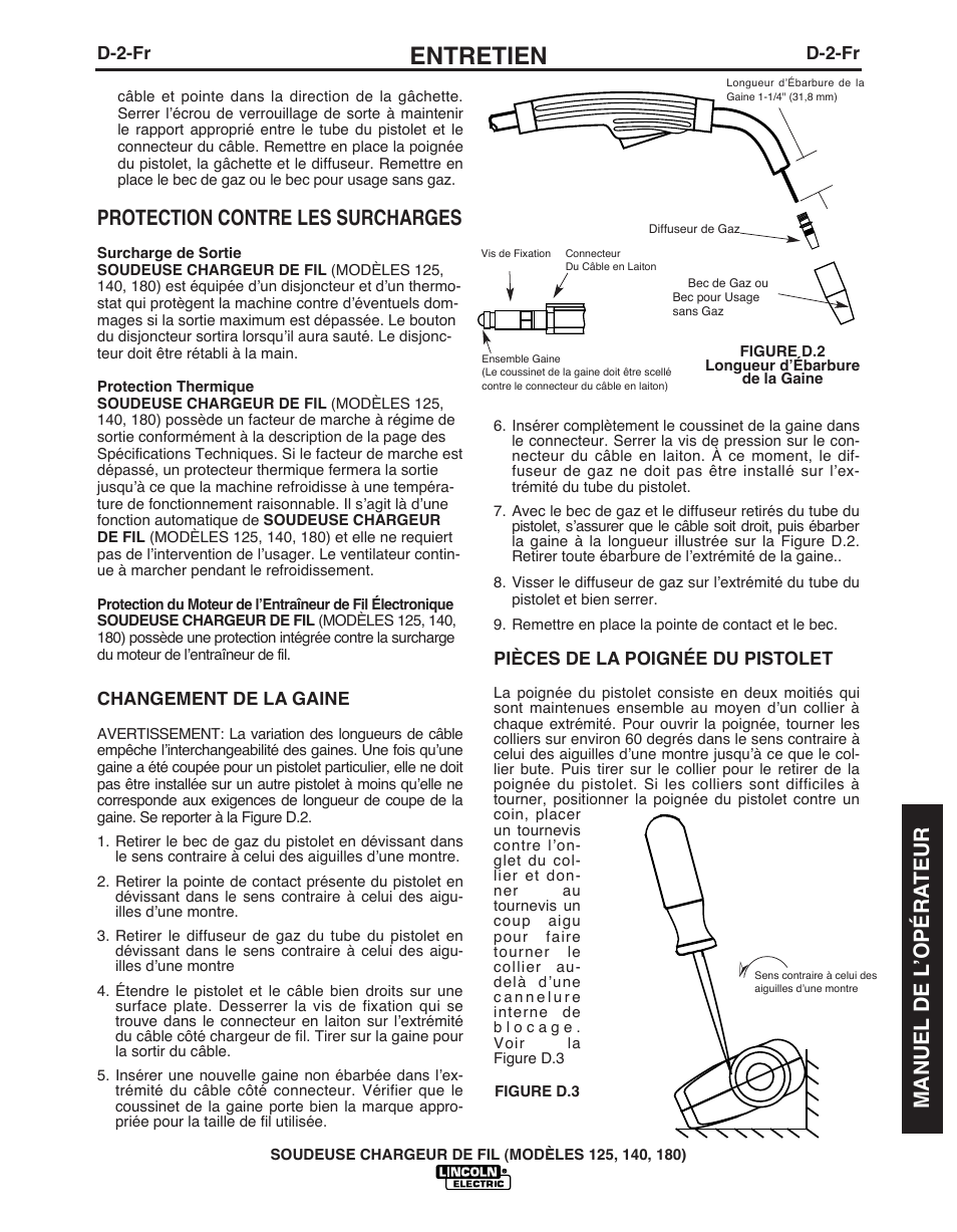 Entretien, Protection contre les surcharges, Manuel de l ’opéra teur | Lincoln Electric IMT891 WIRE FEEDER WELDER 125, 140, 180 User Manual | Page 85 / 96