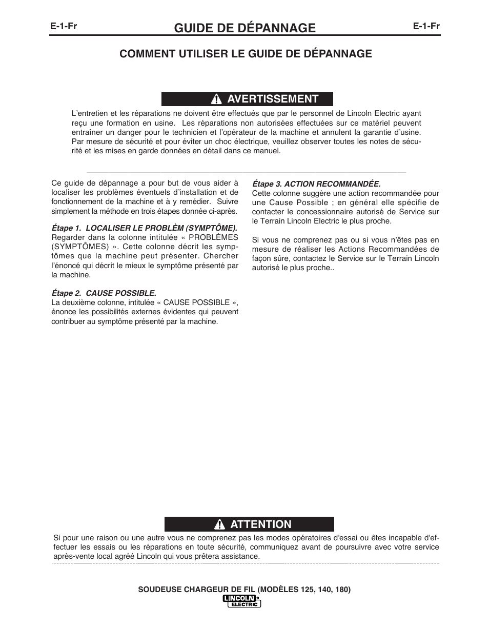 Guide de dépannage, Attention, Comment utiliser le guide de dépannage | Avertissement | Lincoln Electric IMT891 WIRE FEEDER WELDER 125, 140, 180 User Manual | Page 86 / 96