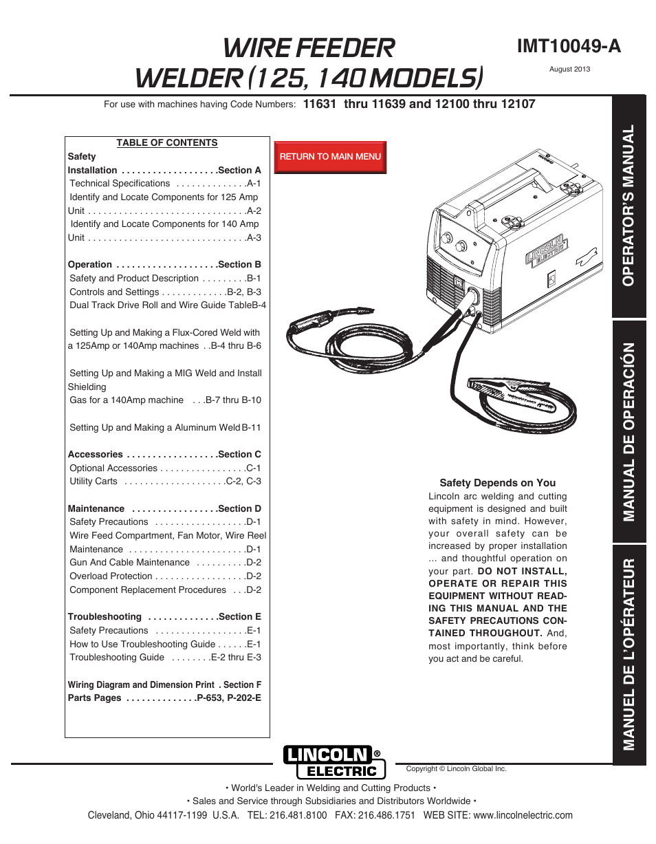 Lincoln Electric IMT10049 WIRE FEEDER WELDER 125, 140 User Manual | 104 pages