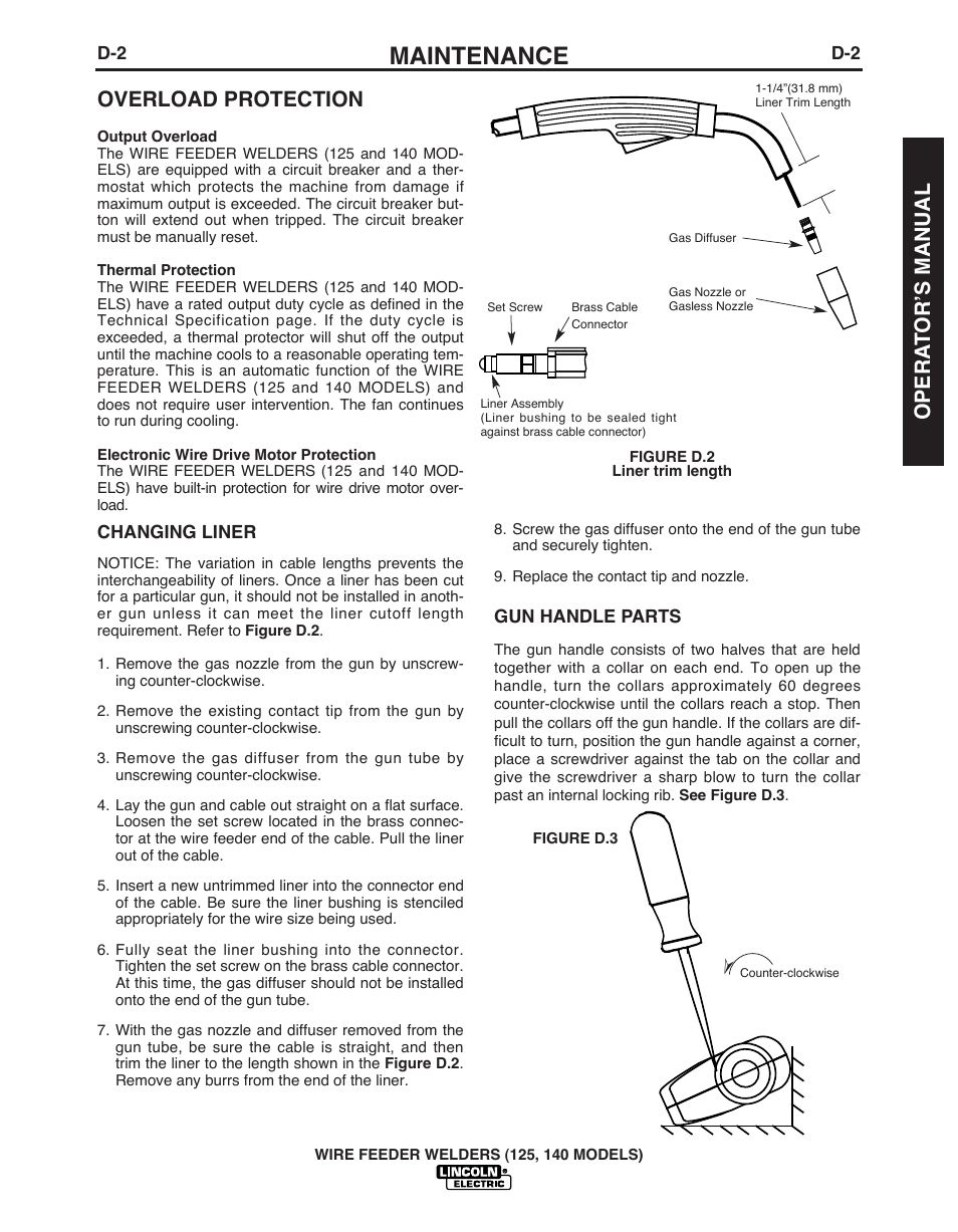 Maintenance, Overload protection, Opera t or’s manual | Lincoln Electric IMT10049 WIRE FEEDER WELDER 125, 140 User Manual | Page 25 / 104