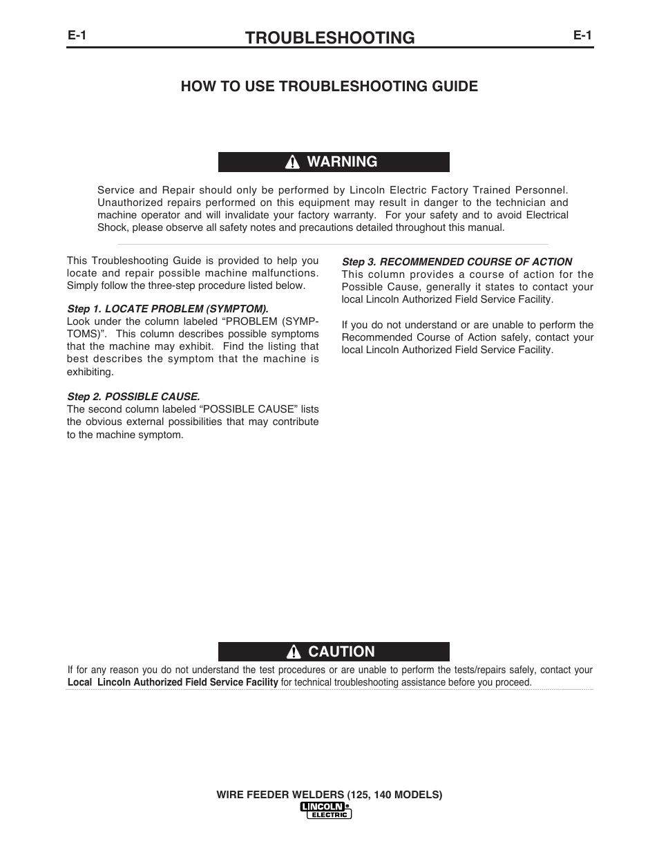 Troubleshooting, Caution, How to use troubleshooting guide | Warning | Lincoln Electric IMT10049 WIRE FEEDER WELDER 125, 140 User Manual | Page 26 / 104