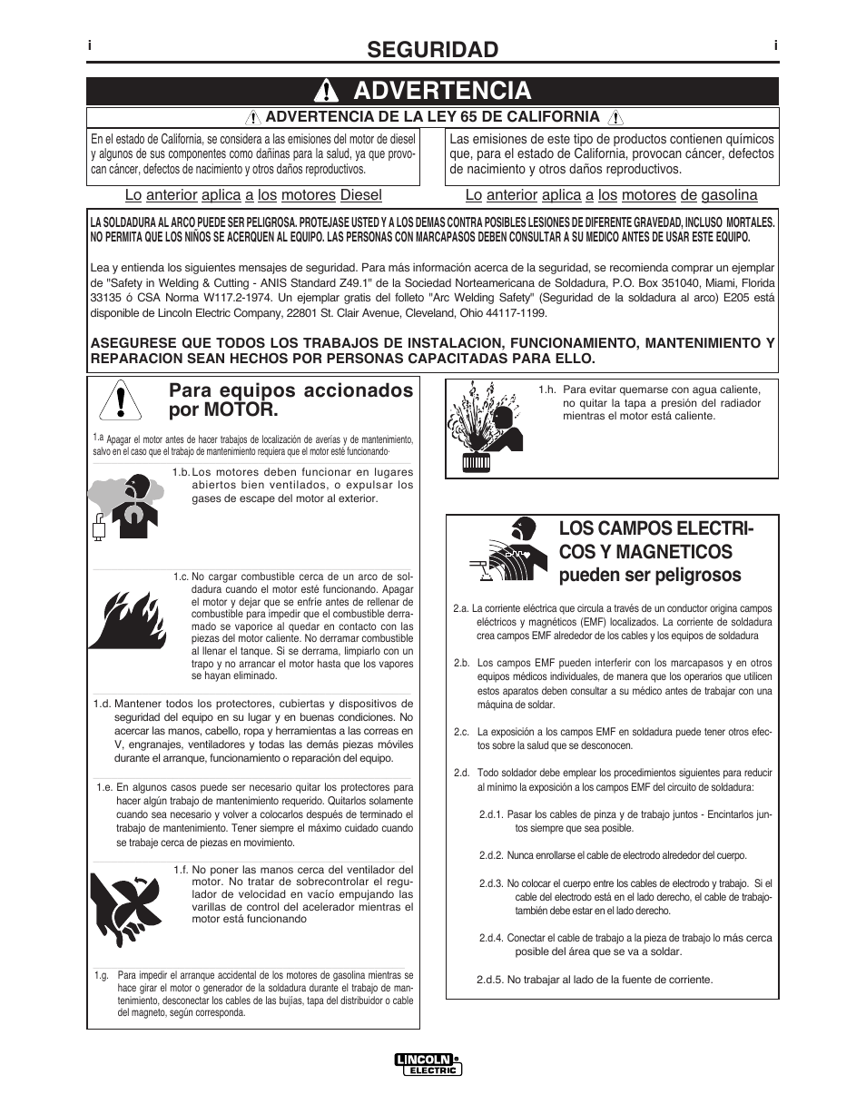 Advertencia, Seguridad, Para equipos accionados por motor | Lincoln Electric IMT10049 WIRE FEEDER WELDER 125, 140 User Manual | Page 36 / 104