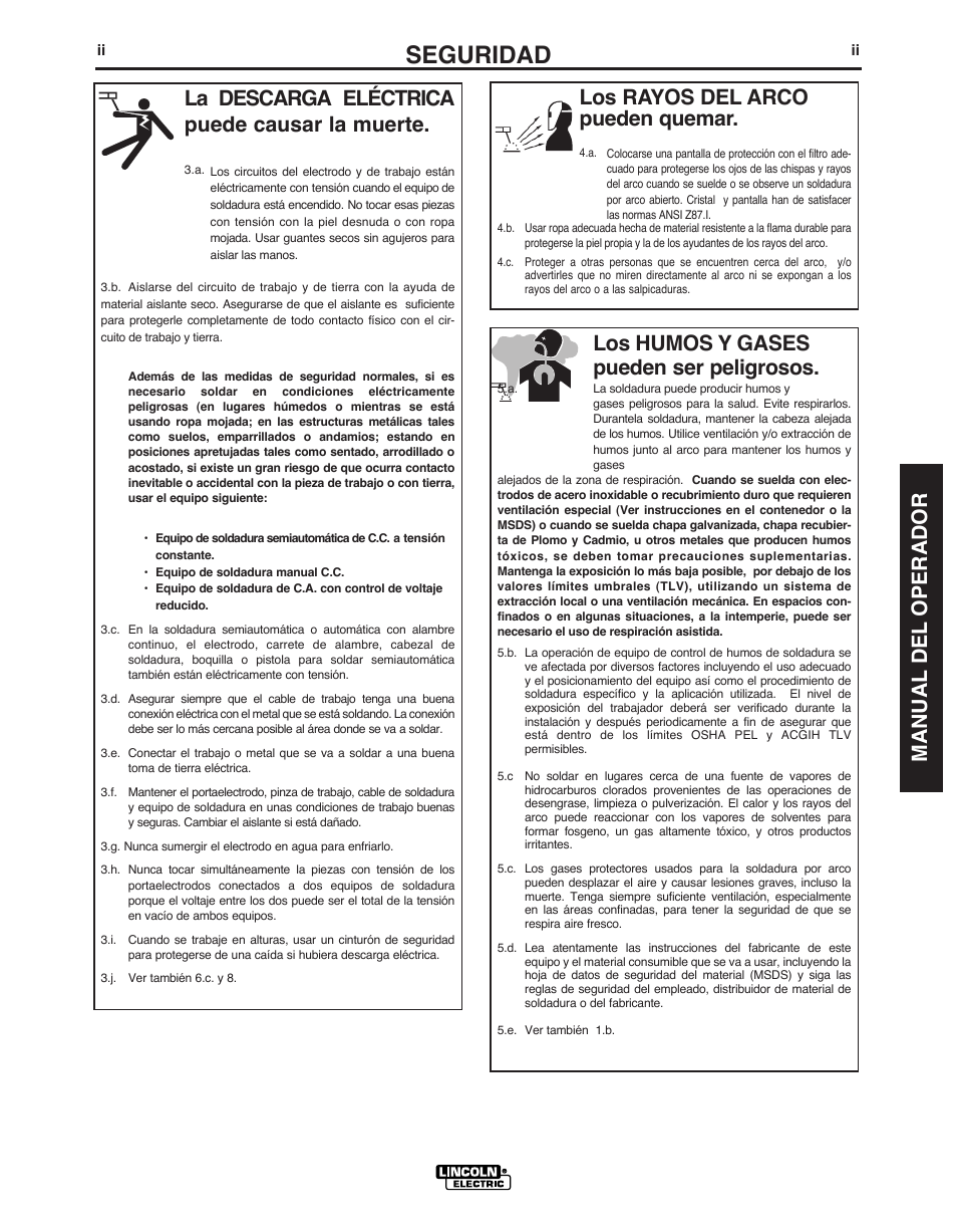 Seguridad, La descarga eléctrica puede causar la muerte, Los humos y gases pueden ser peligrosos | Lincoln Electric IMT10049 WIRE FEEDER WELDER 125, 140 User Manual | Page 37 / 104