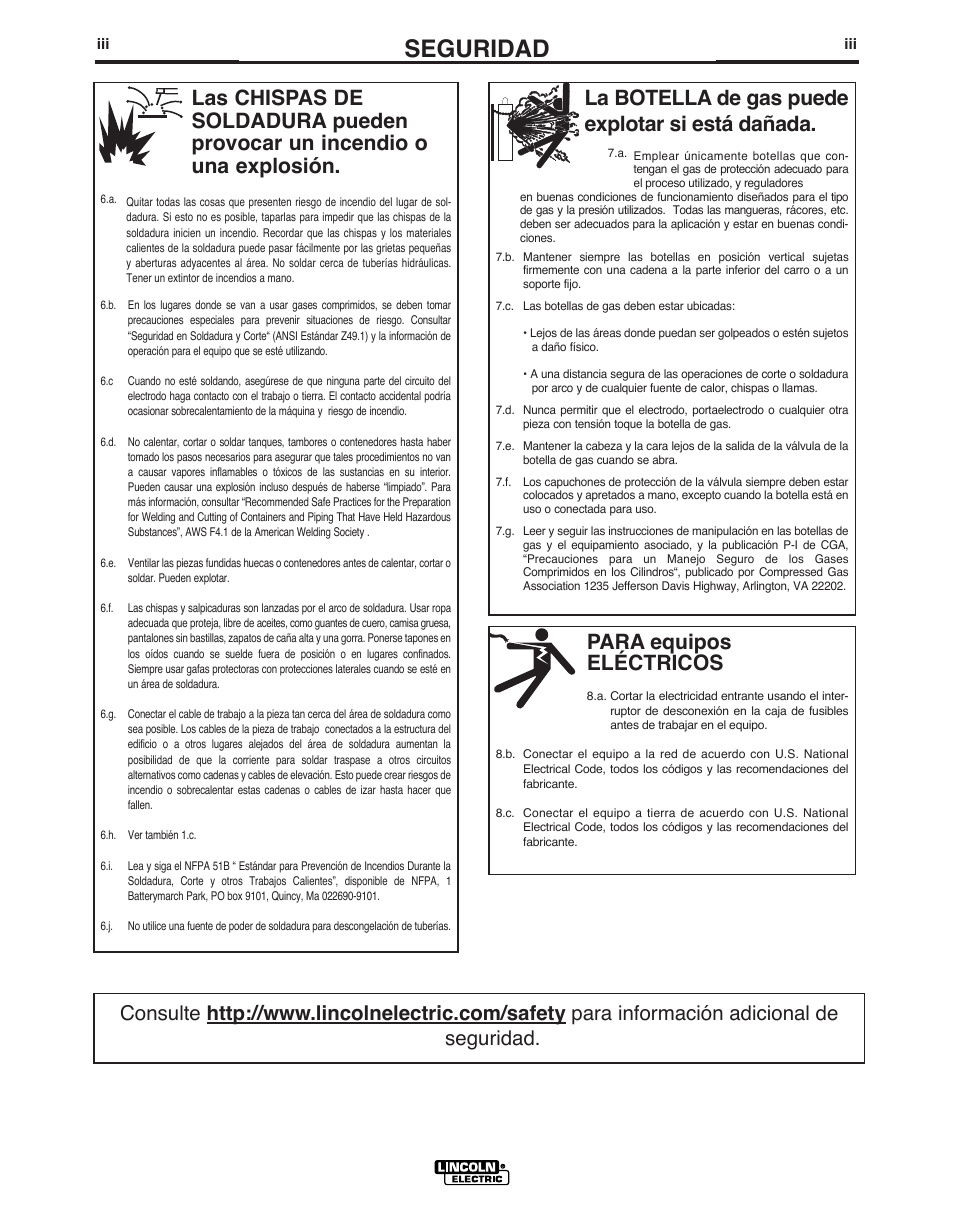 Seguridad, Para equipos eléctricos, La botella de gas puede explotar si está dañada | Lincoln Electric IMT10049 WIRE FEEDER WELDER 125, 140 User Manual | Page 38 / 104