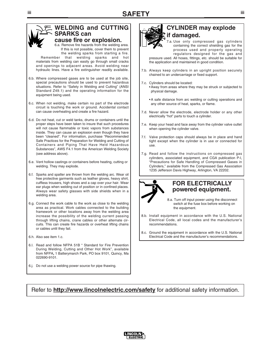 Safety, For electrically powered equipment, Cylinder may explode if damaged | Lincoln Electric IMT10049 WIRE FEEDER WELDER 125, 140 User Manual | Page 4 / 104