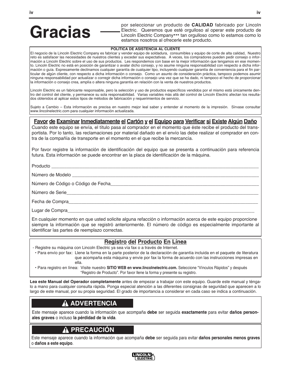 Gracias, Advertencia, Precaución | Lincoln Electric IMT10049 WIRE FEEDER WELDER 125, 140 User Manual | Page 40 / 104