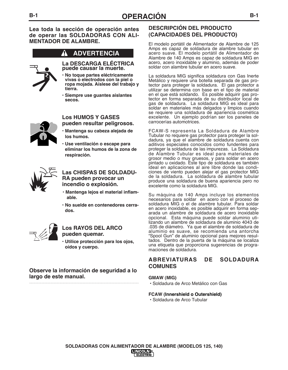 Operación, Advertencia | Lincoln Electric IMT10049 WIRE FEEDER WELDER 125, 140 User Manual | Page 44 / 104