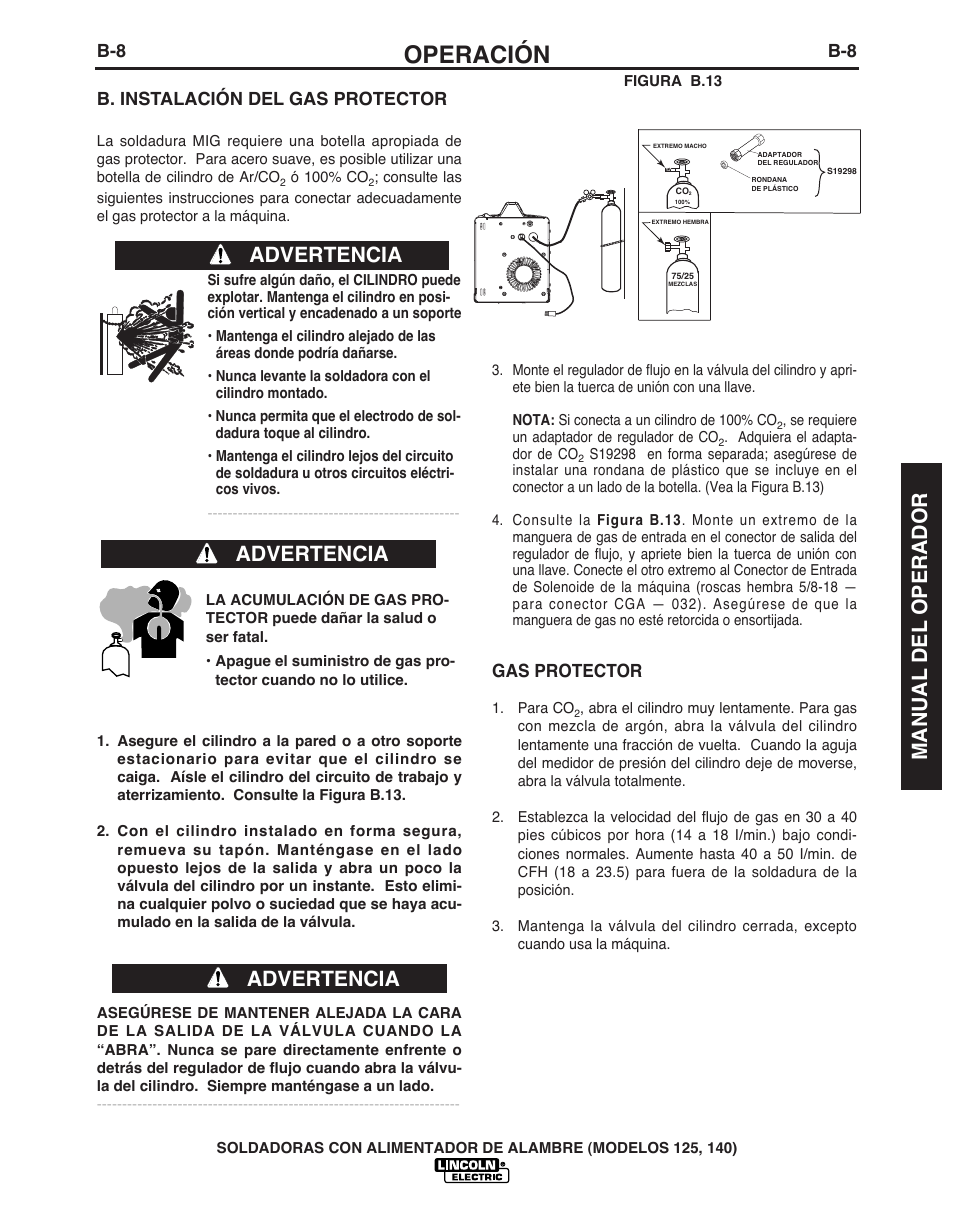 Operación, Advertencia, Manual del operador | B. instalación del gas protector, Gas protector | Lincoln Electric IMT10049 WIRE FEEDER WELDER 125, 140 User Manual | Page 51 / 104