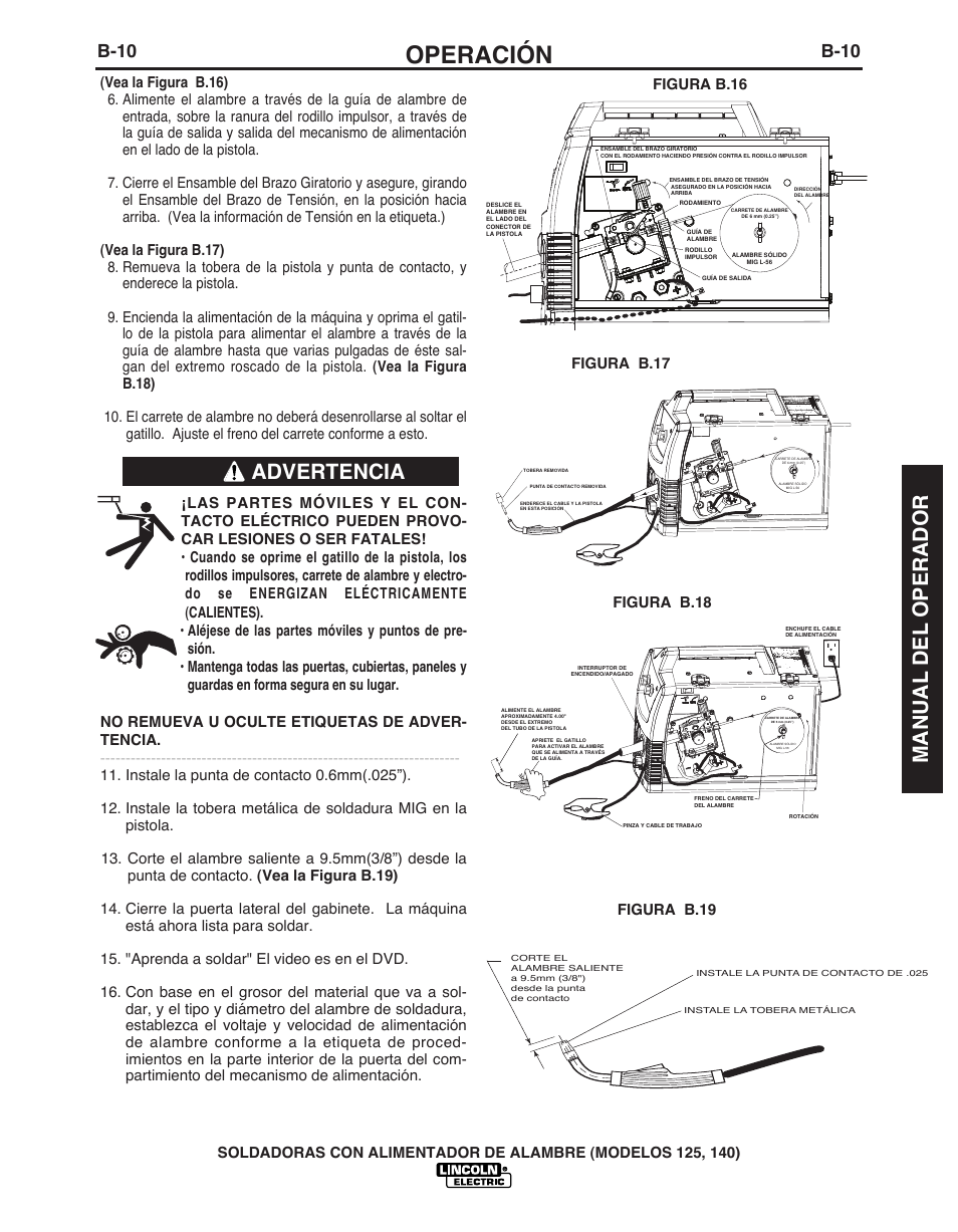 Operación, Advertencia manual del operador, B-10 | Lincoln Electric IMT10049 WIRE FEEDER WELDER 125, 140 User Manual | Page 53 / 104