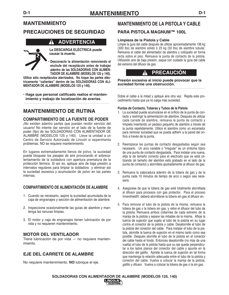 Mantenimiento, Mantenimiento precauciones de seguridad, Mantenimiento de rutina | Advertencia mantenimiento de la pistola y cable, Precaución | Lincoln Electric IMT10049 WIRE FEEDER WELDER 125, 140 User Manual | Page 58 / 104