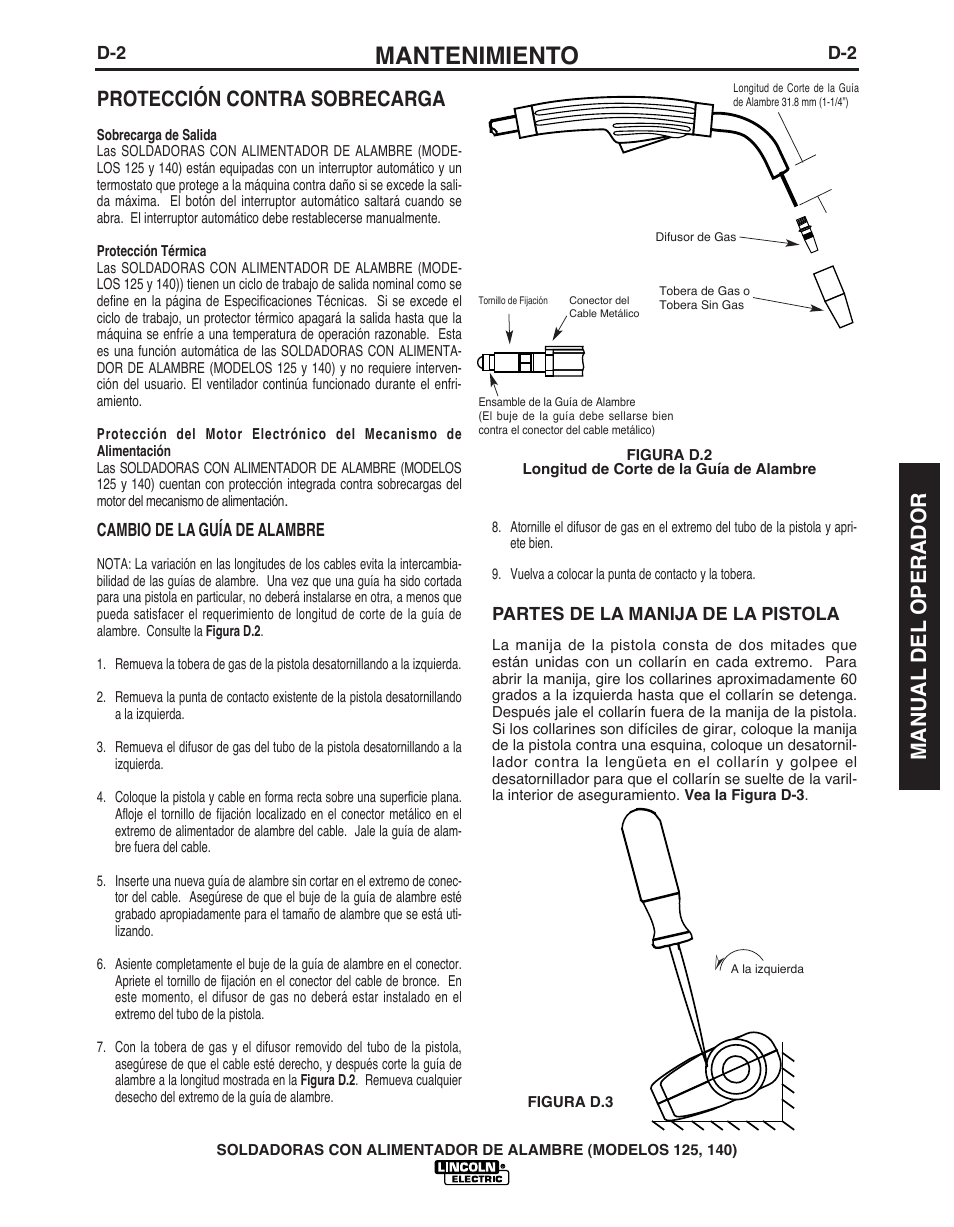 Mantenimiento, Protección contra sobrecarga, Manual del operador | Lincoln Electric IMT10049 WIRE FEEDER WELDER 125, 140 User Manual | Page 59 / 104