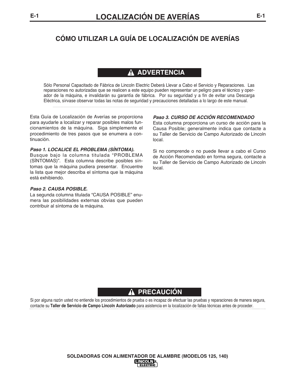 Localización de averías, Precaución, Cómo utilizar la guía de localización de averías | Advertencia | Lincoln Electric IMT10049 WIRE FEEDER WELDER 125, 140 User Manual | Page 60 / 104