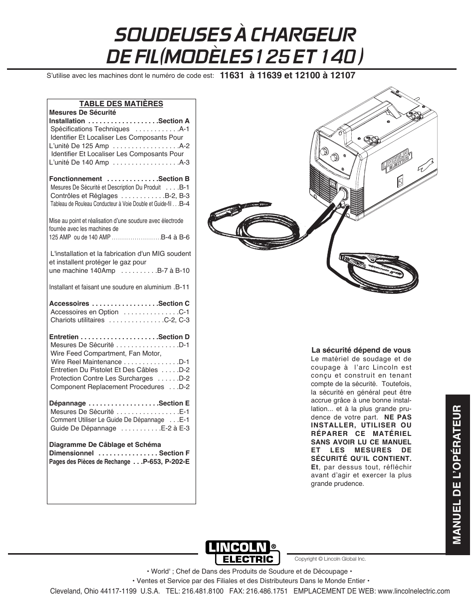 Manuel de l ’opéra teur | Lincoln Electric IMT10049 WIRE FEEDER WELDER 125, 140 User Manual | Page 69 / 104