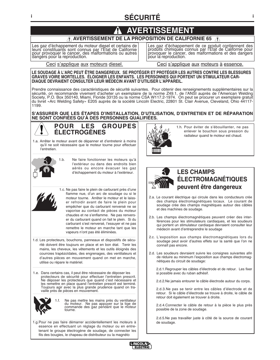 Avertissement, Sécurité, Pour les groupes électrogènes | Lincoln Electric IMT10049 WIRE FEEDER WELDER 125, 140 User Manual | Page 70 / 104