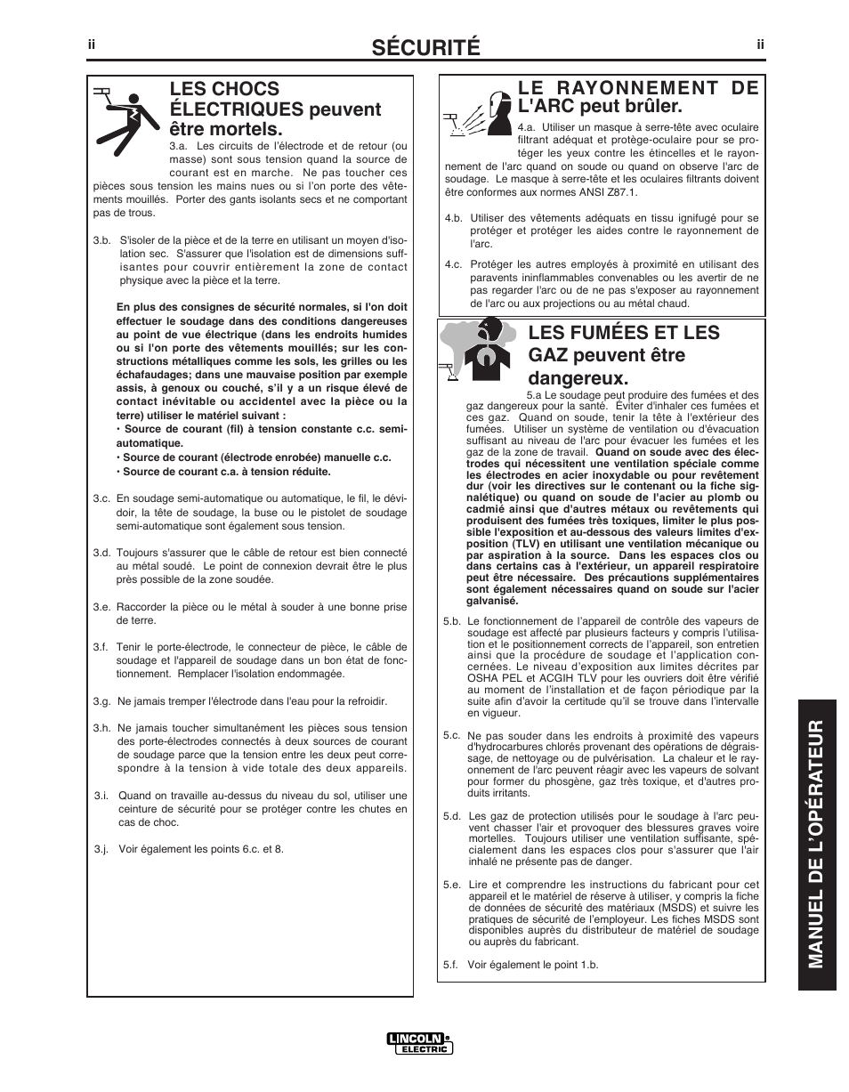 Sécurité, Manuel de l ’opéra teur, Le rayonnement de l'arc peut brûler | Les chocs électriques peuvent être mortels, Les fumées et les gaz peuvent être dangereux | Lincoln Electric IMT10049 WIRE FEEDER WELDER 125, 140 User Manual | Page 71 / 104