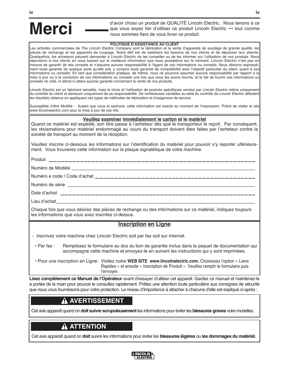 Merci, Avertissement, Attention | Lincoln Electric IMT10049 WIRE FEEDER WELDER 125, 140 User Manual | Page 74 / 104