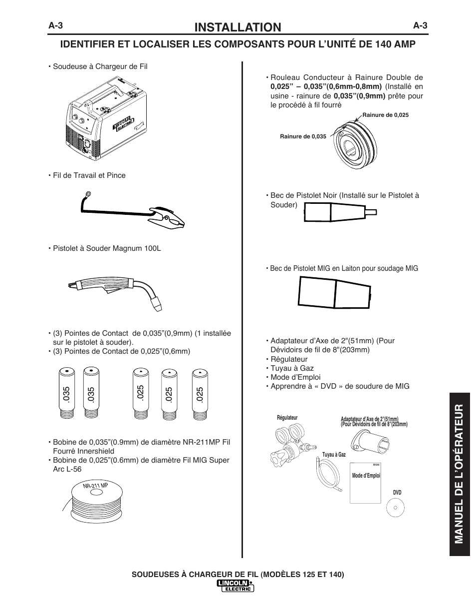 Installation, Manuel de l ’opéra teur | Lincoln Electric IMT10049 WIRE FEEDER WELDER 125, 140 User Manual | Page 77 / 104