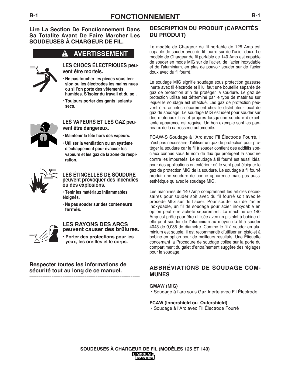 Fonctionnement, Avertissement | Lincoln Electric IMT10049 WIRE FEEDER WELDER 125, 140 User Manual | Page 78 / 104