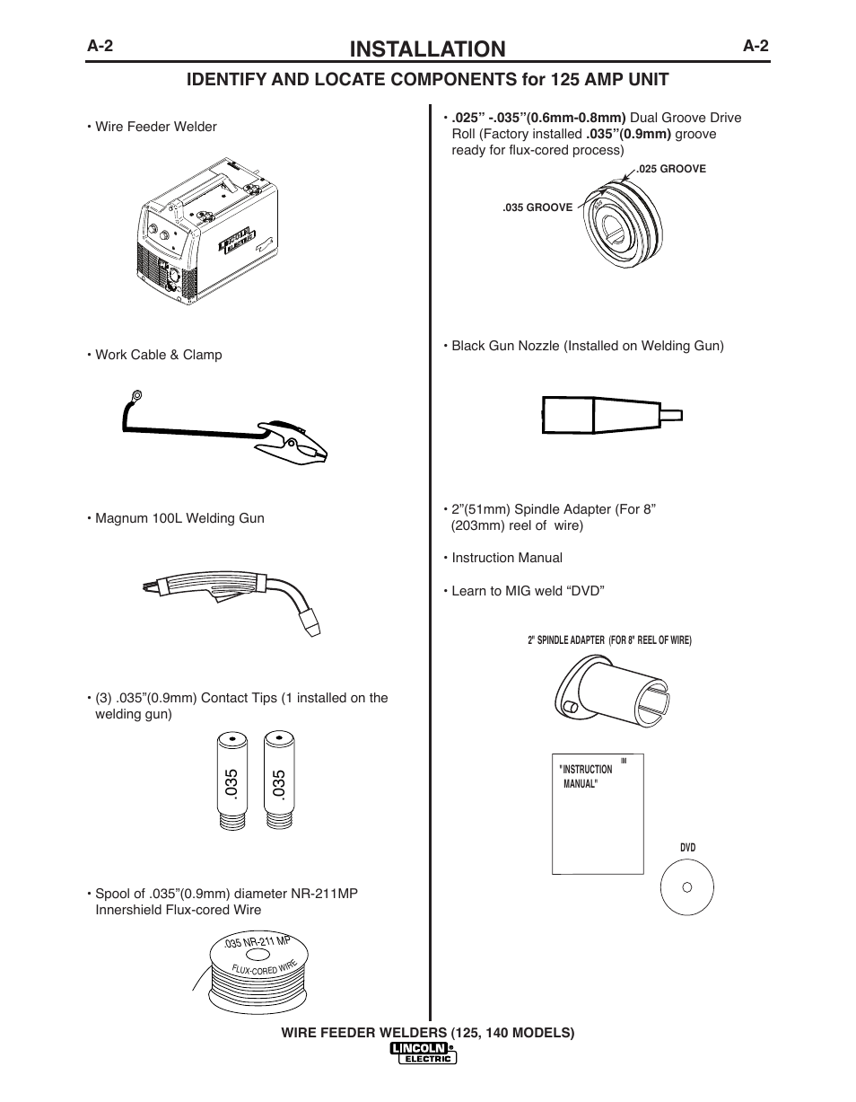 Installation, Identify and locate components for 125 amp unit | Lincoln Electric IMT10049 WIRE FEEDER WELDER 125, 140 User Manual | Page 8 / 104