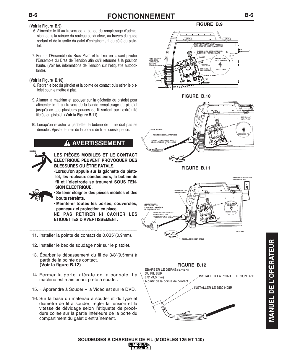 Fonctionnement, Avertissement, Manuel de l ’opéra teur | Figure b.10 figure b.11, Figure b.9 figure b.12 | Lincoln Electric IMT10049 WIRE FEEDER WELDER 125, 140 User Manual | Page 83 / 104