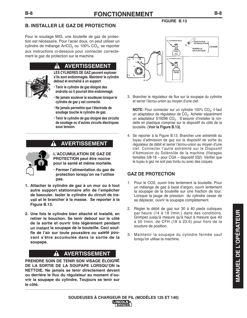 Fonctionnement, Avertissement, Manuel de l ’opéra teur | B. installer le gaz de protection, Gaz de protection | Lincoln Electric IMT10049 WIRE FEEDER WELDER 125, 140 User Manual | Page 85 / 104