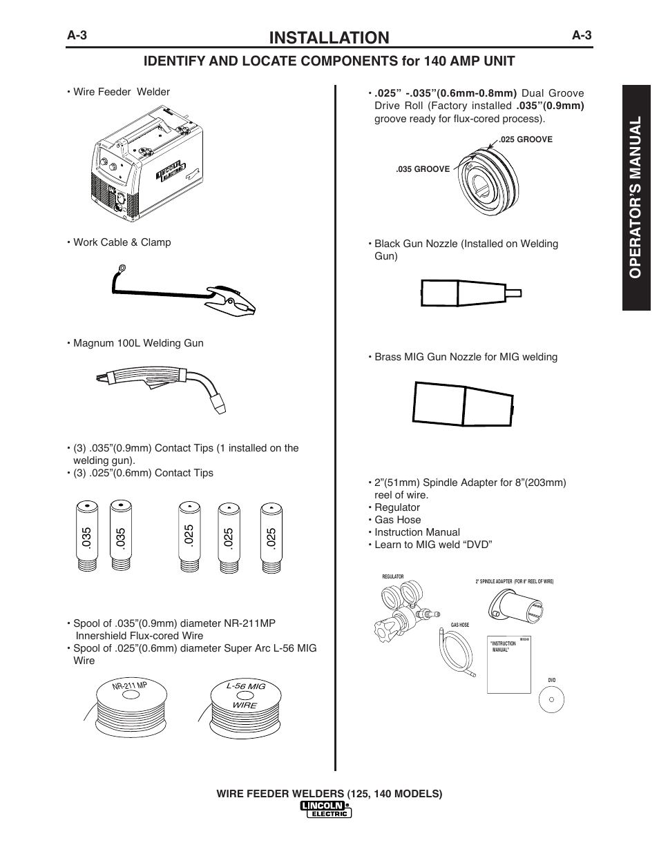 Installation, Opera t or’s manual, Identify and locate components for 140 amp unit | Lincoln Electric IMT10049 WIRE FEEDER WELDER 125, 140 User Manual | Page 9 / 104