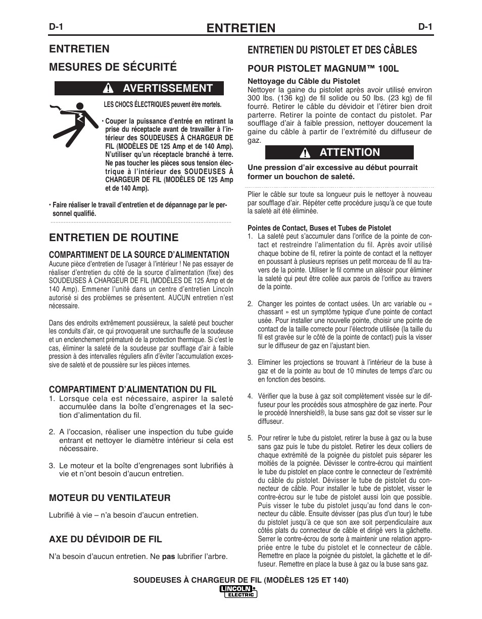 Entretien, Entretien mesures de sécurité, Entretien de routine | Avertissement entretien du pistolet et des câbles, Attention | Lincoln Electric IMT10049 WIRE FEEDER WELDER 125, 140 User Manual | Page 92 / 104