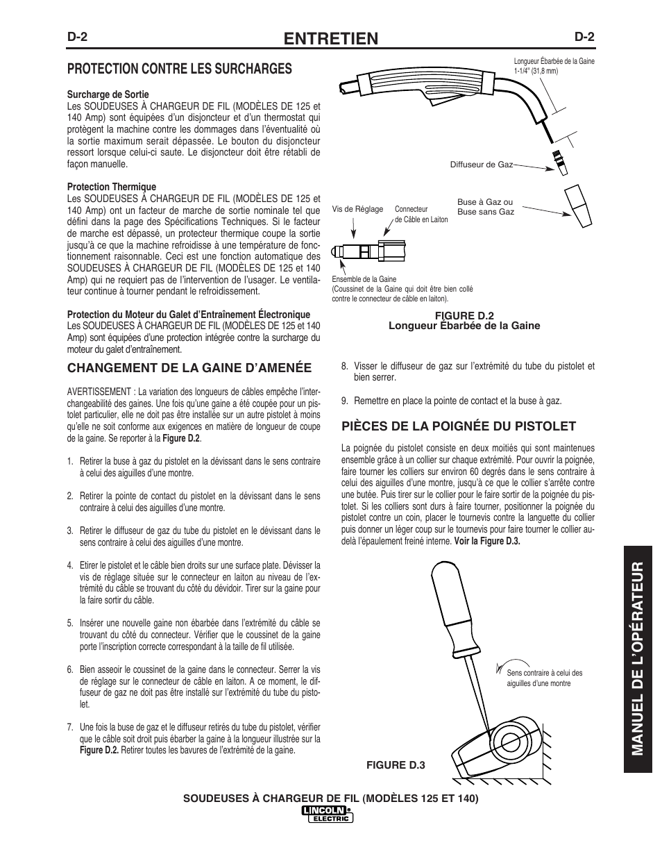 Entretien, Protection contre les surcharges, Manuel de l ’opéra teur | Lincoln Electric IMT10049 WIRE FEEDER WELDER 125, 140 User Manual | Page 93 / 104